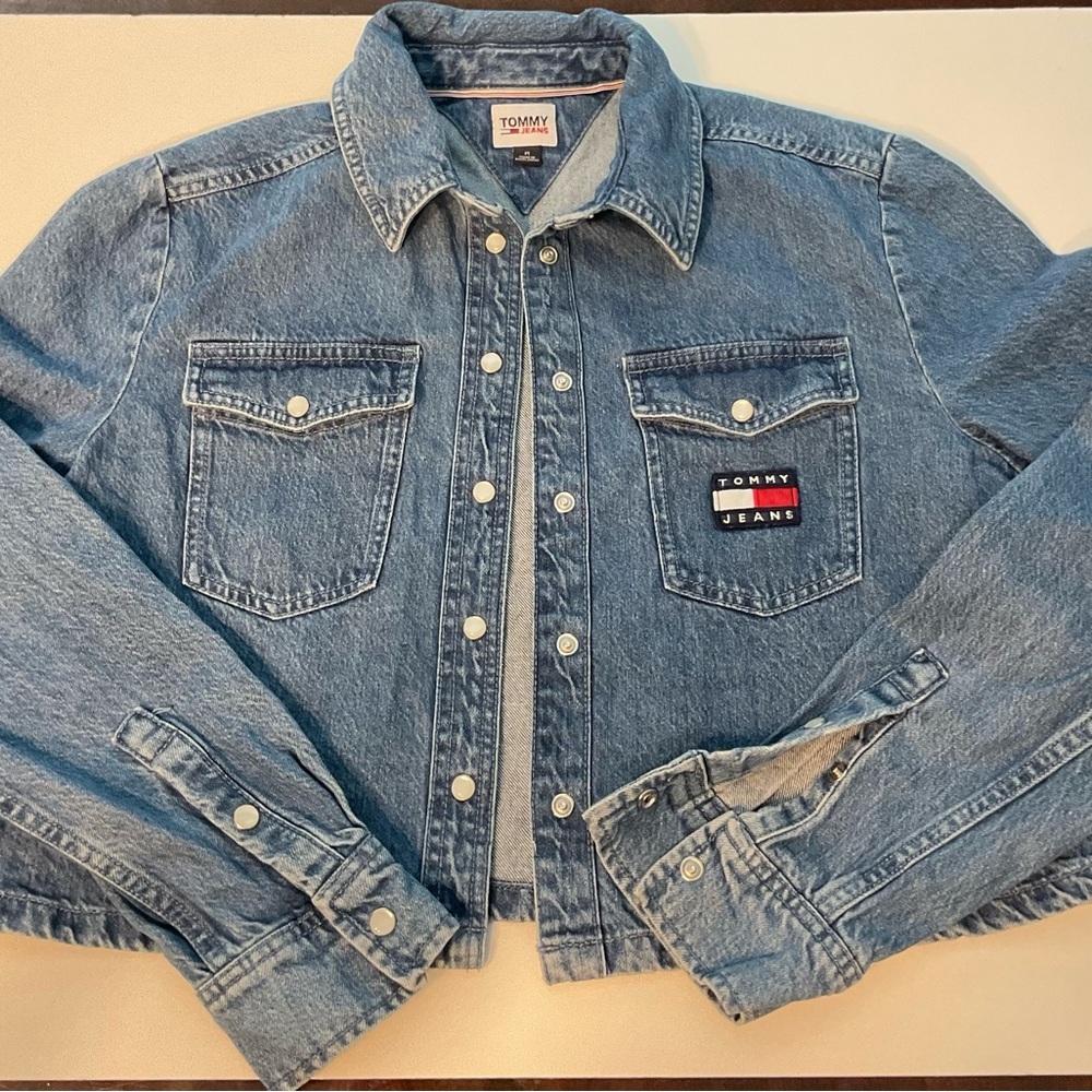 Tommy Jeans Girls’ Medium Denim Jacket Youth 10–12 Snap Button Logo Vintage Styl